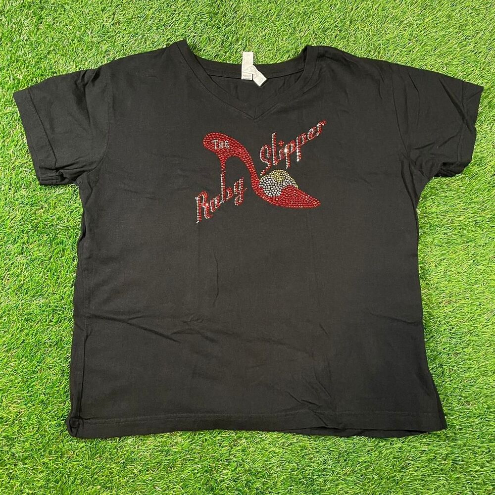 Women's black and red The Ruby Slipper bedazzled baby tee size L